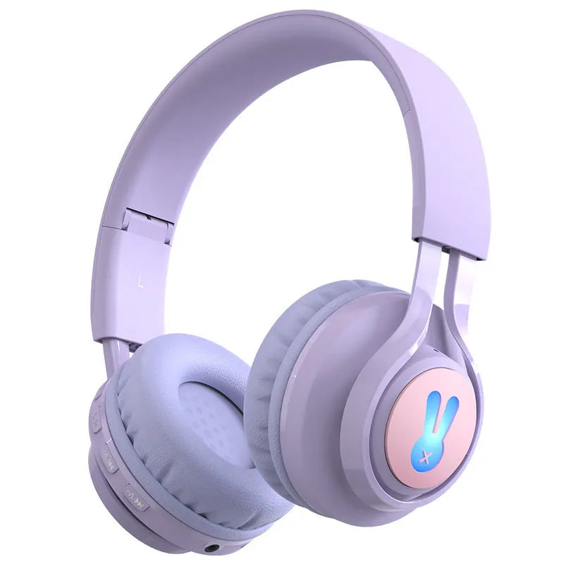 Wireless children's headphones in bunny pink and purple with RGB lights and power display
