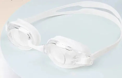 Black swimming goggles with prescription lenses and a matching case, alongside plain blue swimming goggles.