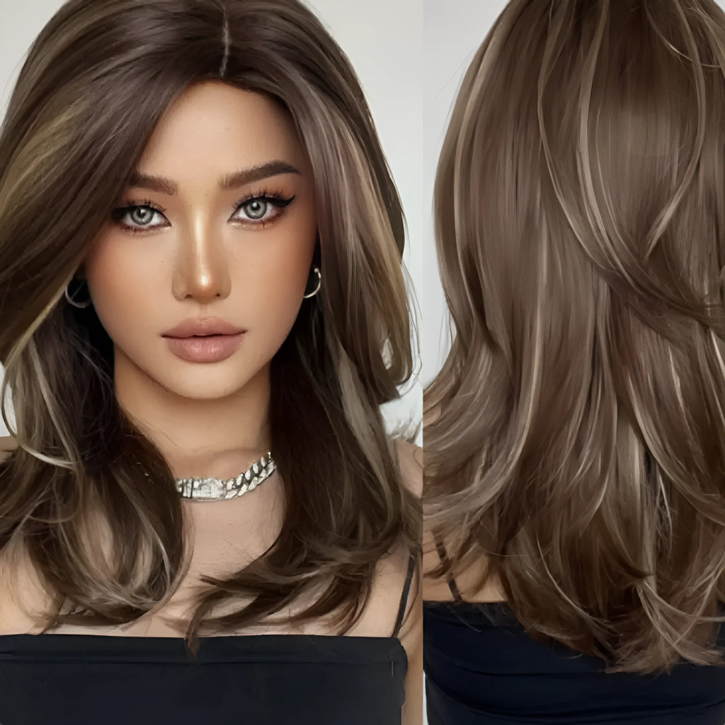 Mid-length curly synthetic wig in a gradient colour with long bangs and full-head coverage
