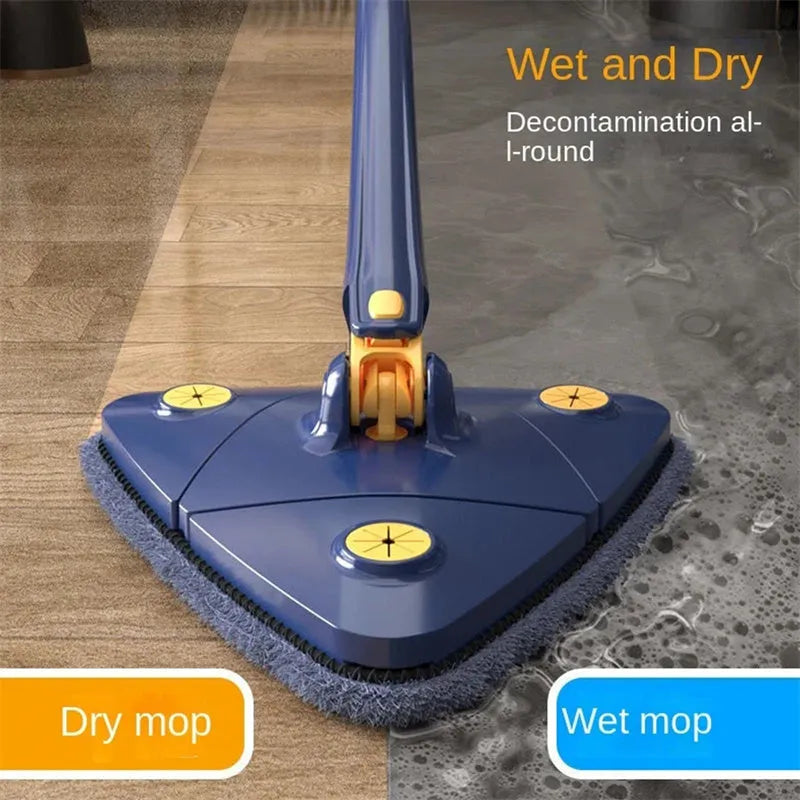 Blue extendable triangle cleaning mop with rotating head on a stainless steel pole for floors and walls.