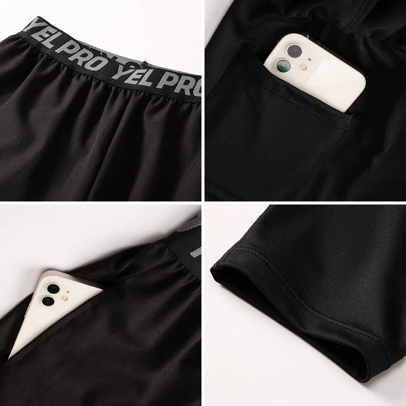 Men's grey quick-drying high elasticity tight fitness trousers for running and gym