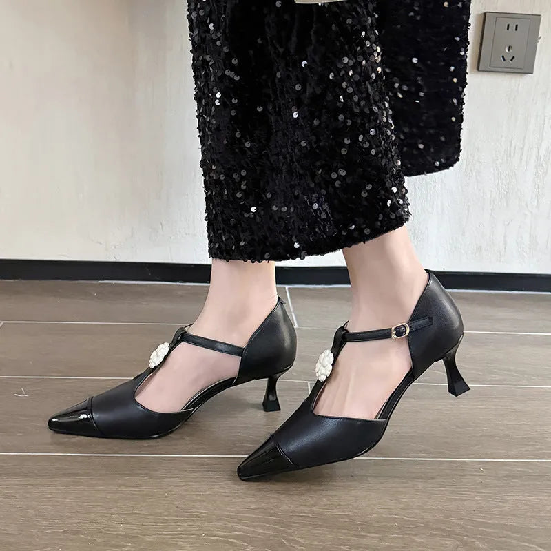 Women's gold stiletto heel pointed toe shoes with floral buckle on sheepskin leather upper