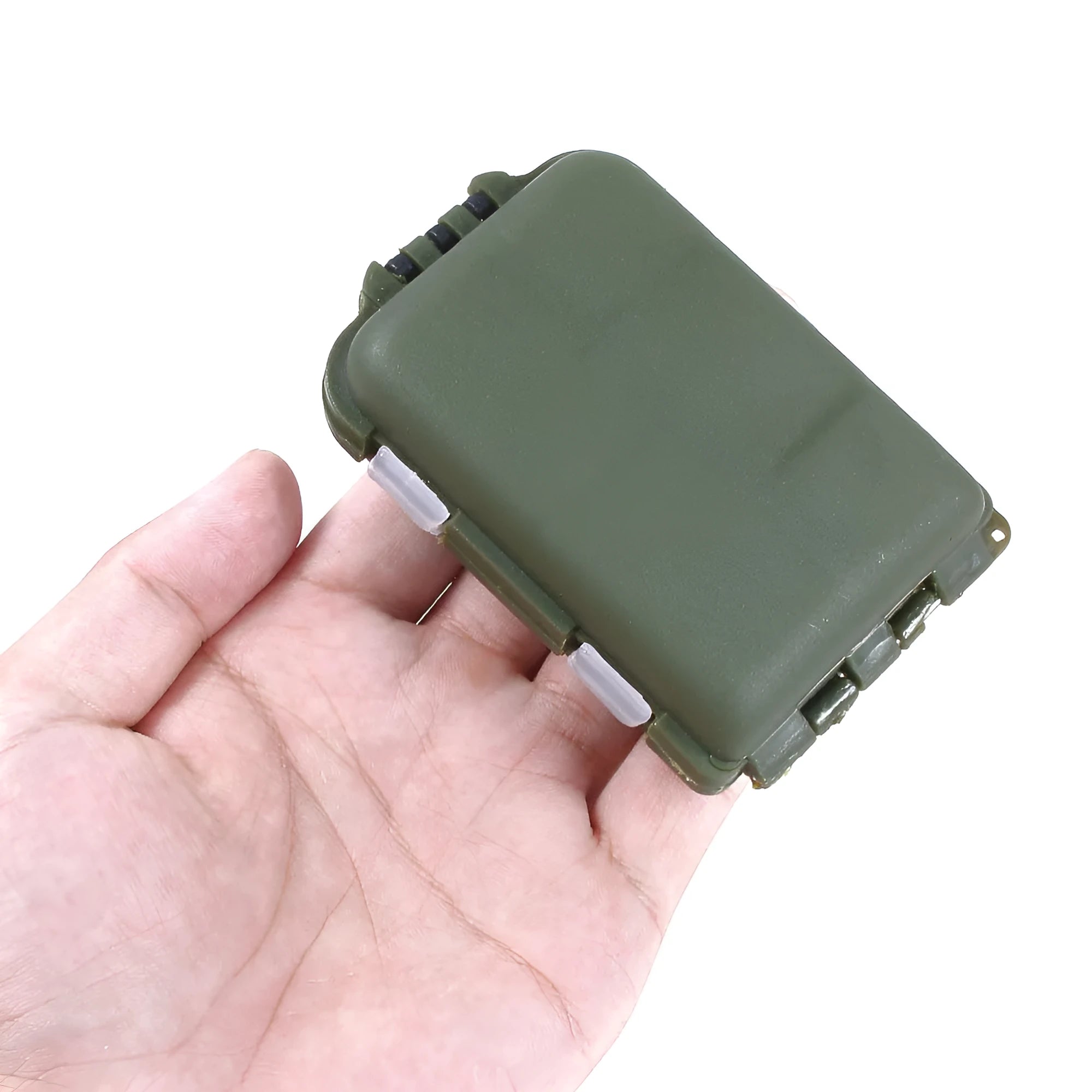 Small plastic fishing tackle storage box with 10 internal compartments in black, blue, or green.