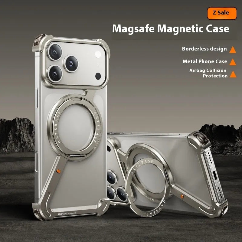 Black metal iPhone 17 Pro Max case with a magnetic kickstand bracket deployed.