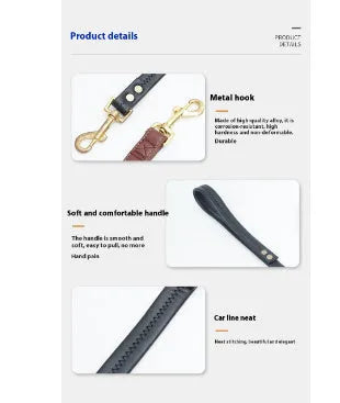 Black PU leather pet traction belt with chain ring fastener shown at 2 metre length
