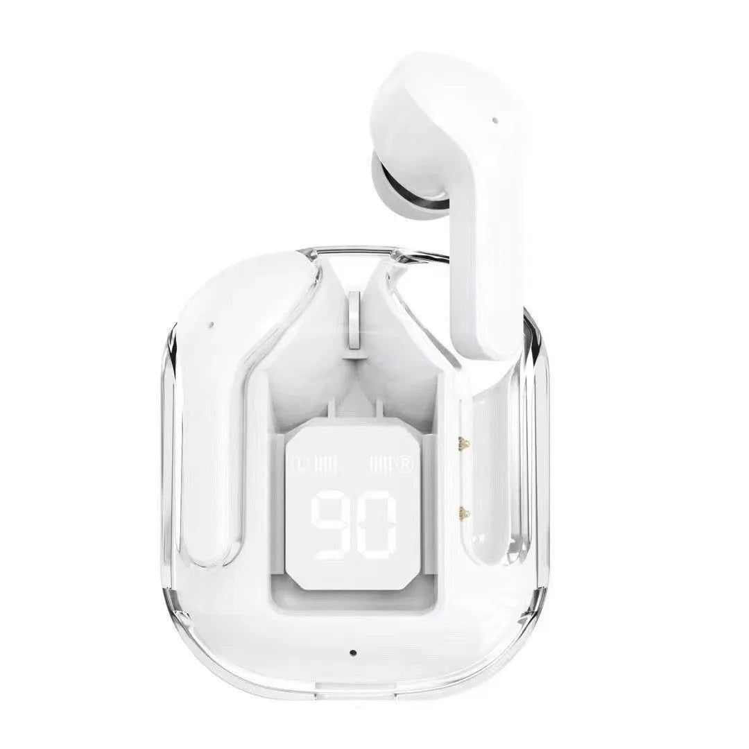 Transparent space capsule true wireless Bluetooth headset with digital display and plastic case in various colours