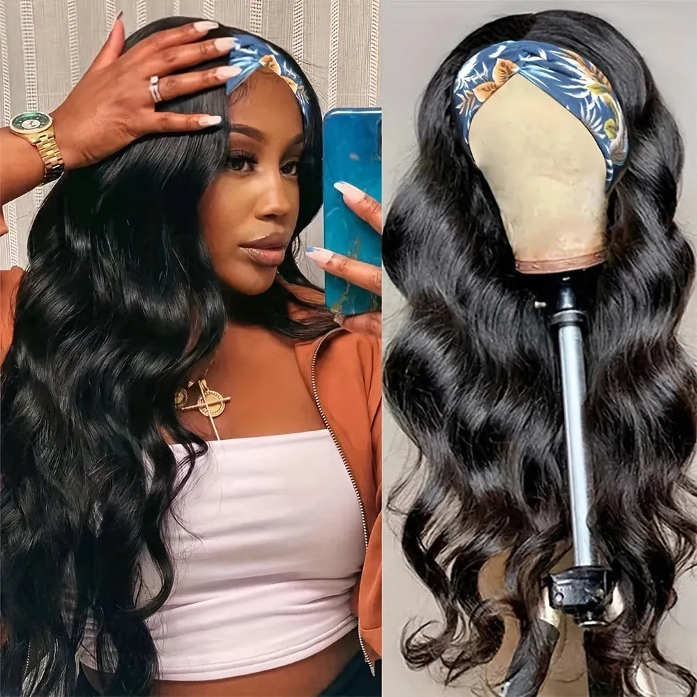 Black long straight headband wig and black long curly headband wig displayed on a stand.