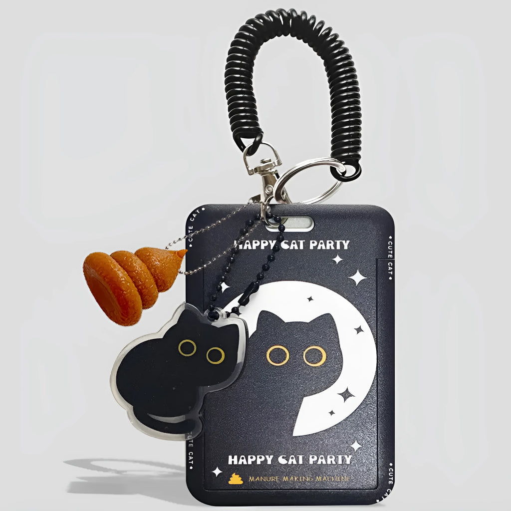 Plastic card holder sleeve with cute little black cat cartoon design and a silver ferrule pendant.