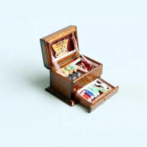 Miniature European-style wooden sewing box ornament with birch construction measuring 2.2cm by 3.4cm