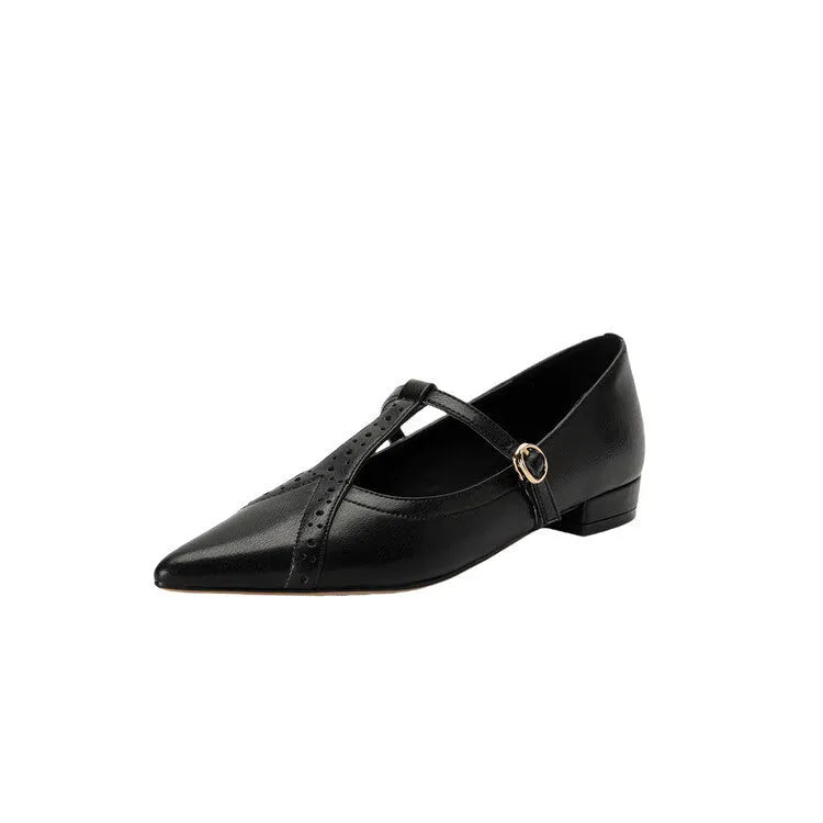 Women's brown pointed toe low-cut flat shoes in cowhide leather with metal details