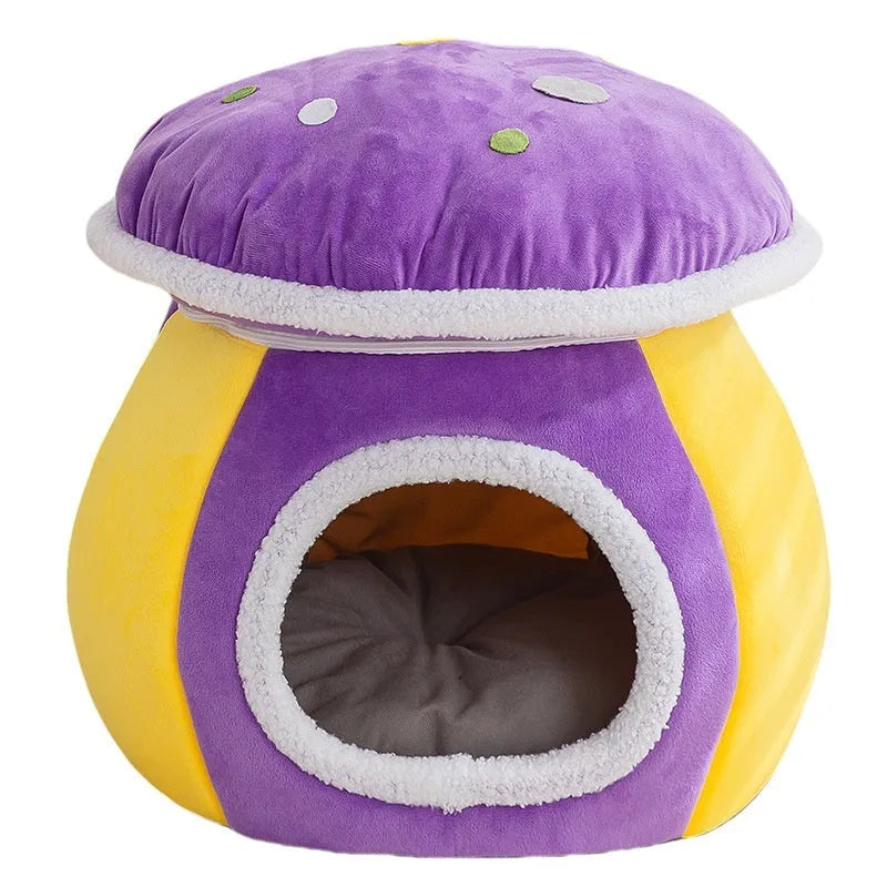 Mushroom-shaped cat nest with detachable thermal blanket in rabbit plush material