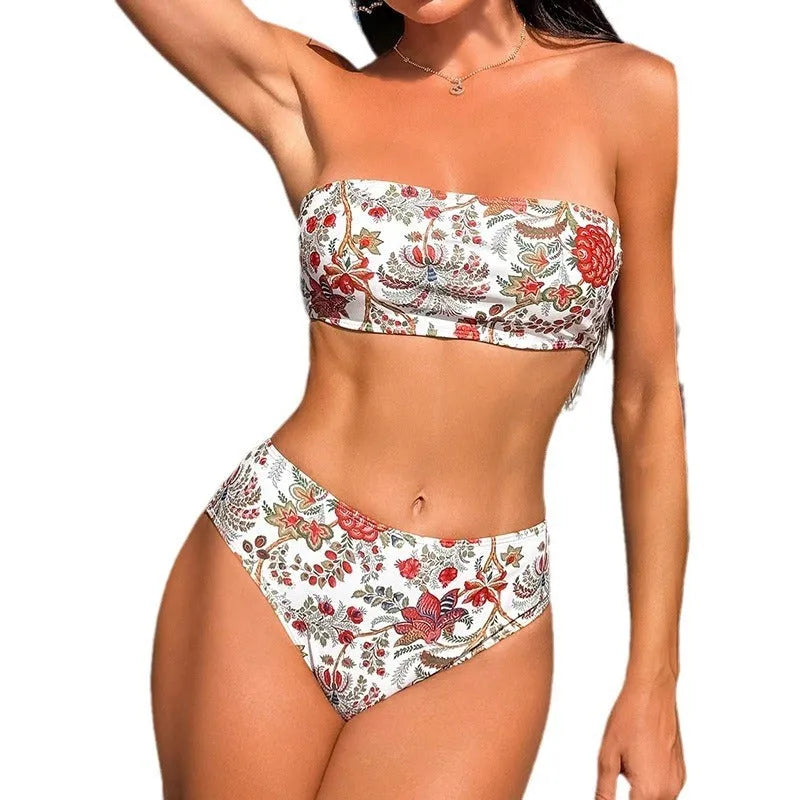 Women's printed bandeau swimsuit triangle bikini set with matching shorts in polyester fabric