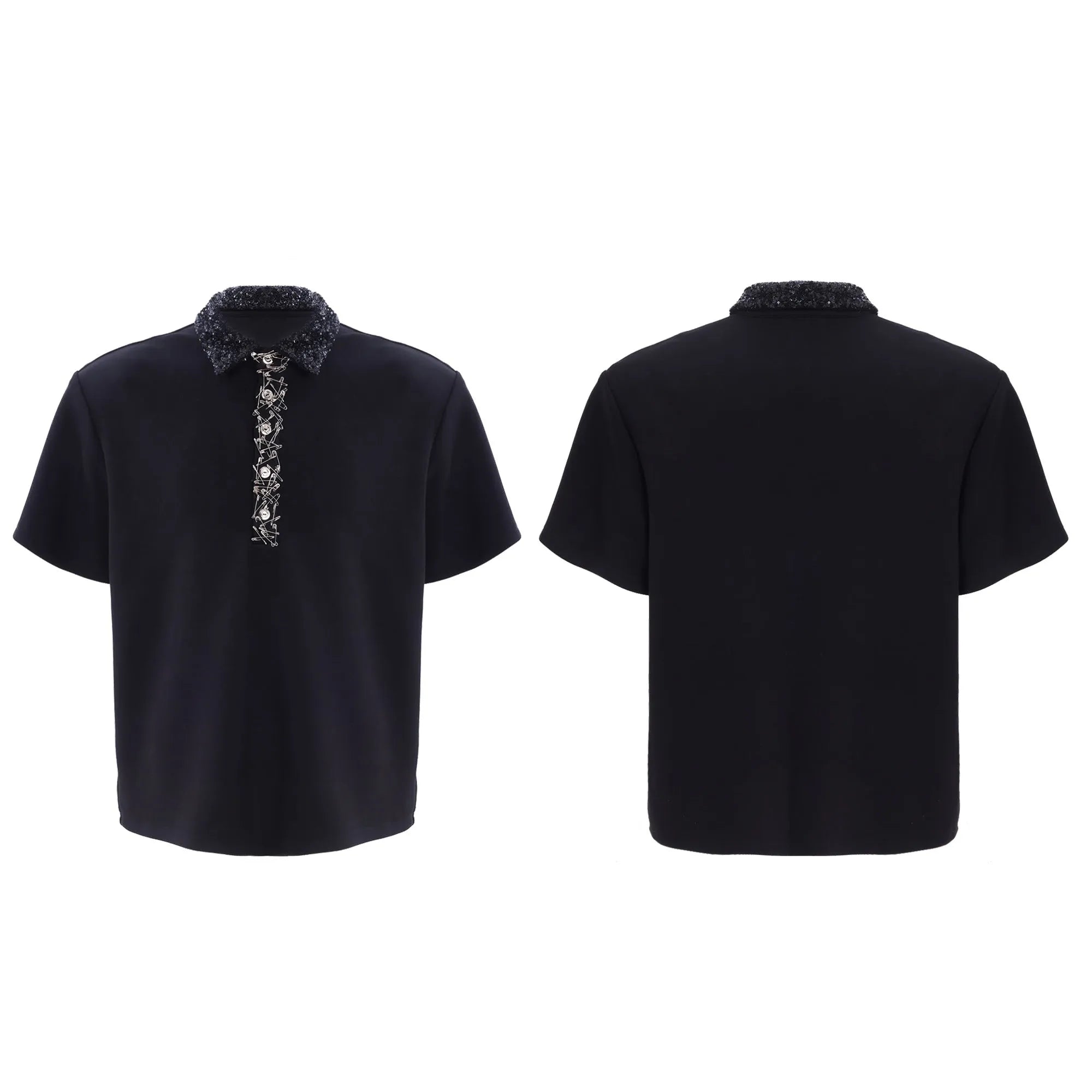 Men's black polo T-shirt with heavy embroidery sequin decoration and square collar design