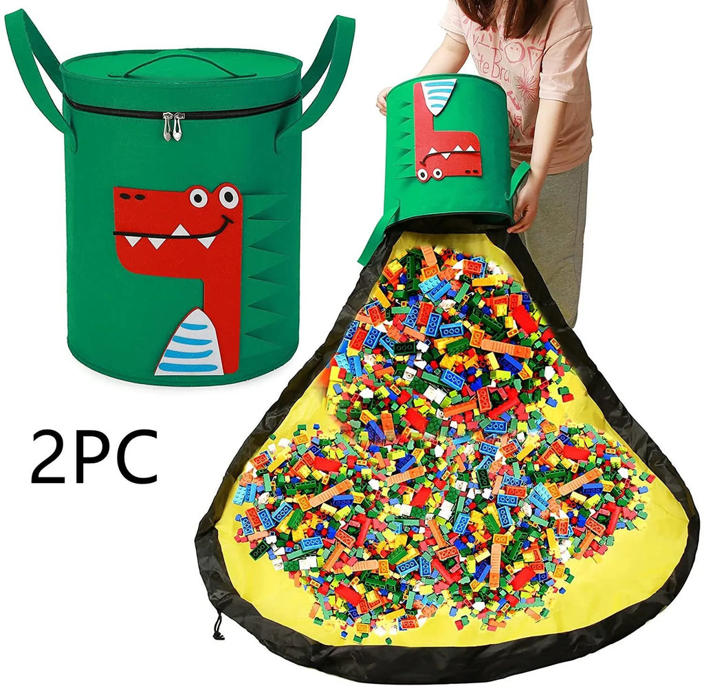 Green felt cube storage bag with pull rope serving as toy organiser and play mat