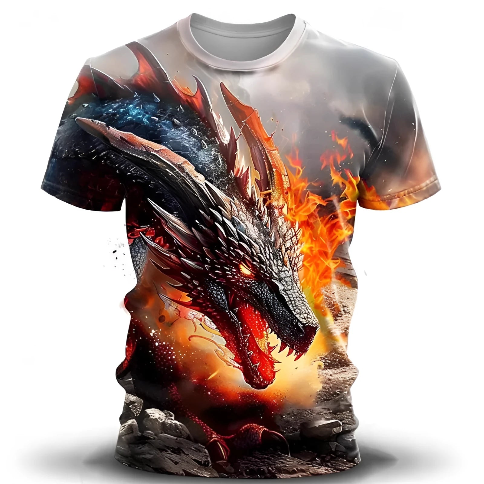 Men's grey T-shirt with detailed 3D wind dragon graphic print on front, short sleeves