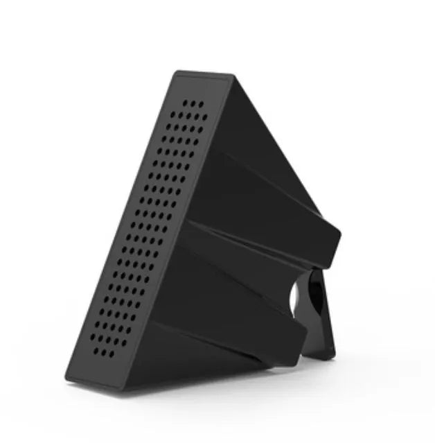 Mini mobile phone amplifier bracket on desktop enhancing smartphone sound in black, blue, pink or orange
