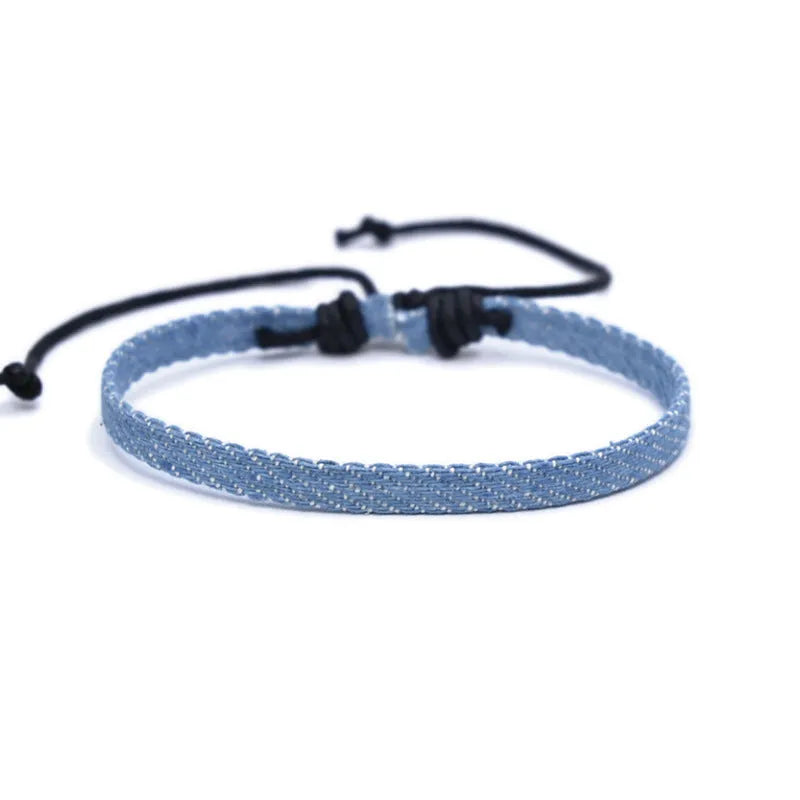 Adjustable denim fabric bracelet in various YYR colours with mixed material construction