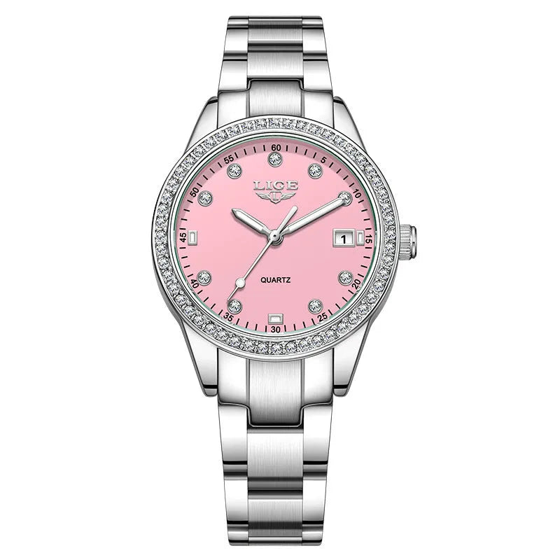 Women's fashion quartz watch with stainless steel case, diamond bezel, and luminous hands in silver colour options