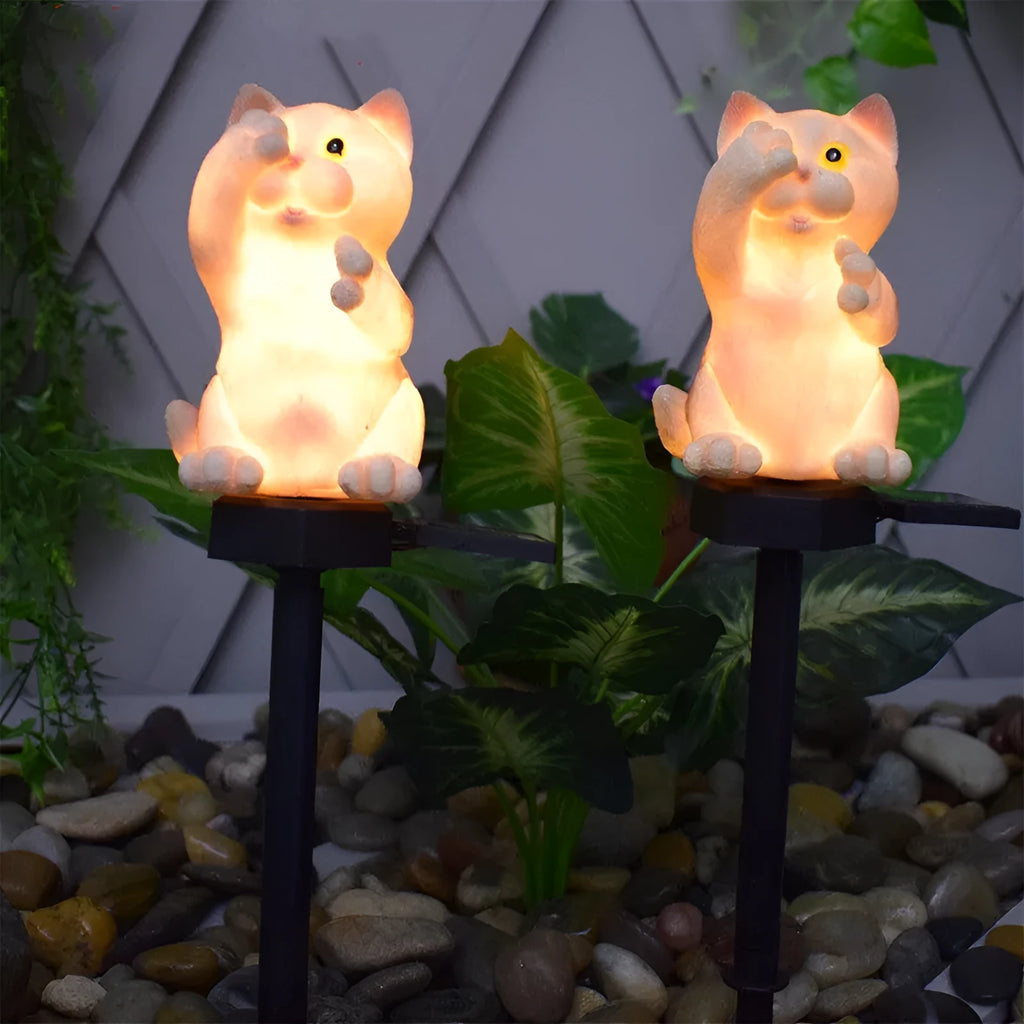 Brown cat-shaped solar lawn light for garden decoration with solar panel and LED illumination