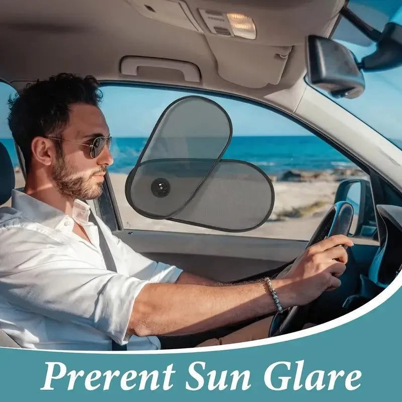 Black stretchy car side window shade installed with suction cups to protect baby from sun.