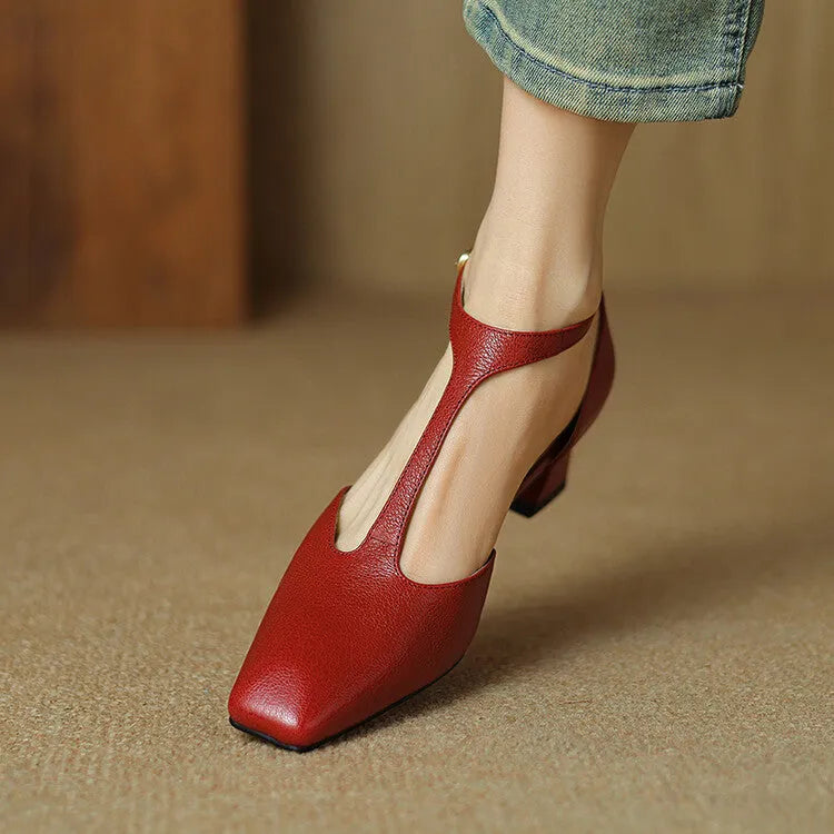 Women's wine red French retro square toe chunky heel shoes with ankle buckle fastening