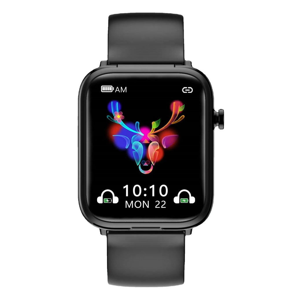 Black zinc alloy smartwatch with a 1.69-inch touch screen displaying a heart rate graph.