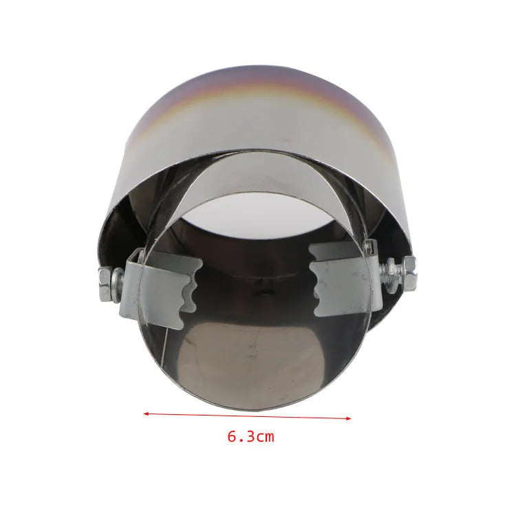 Stainless steel car exhaust tail pipe tip in baked blue finish, showing straight and curved shape options.