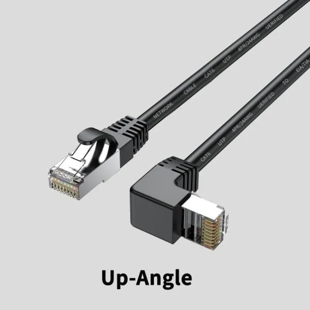 Cat6 Ethernet cable with right-angle RJ45 connector in multiple colour options including black, white, and red