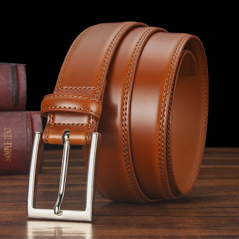 Men's black leather belt with an alloy pin buckle on a white background