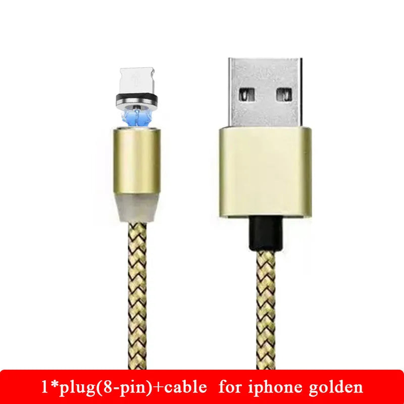 YBD black and red braided magnetic charging cable with Lightning, Micro USB, and Type-C connectors on a table.