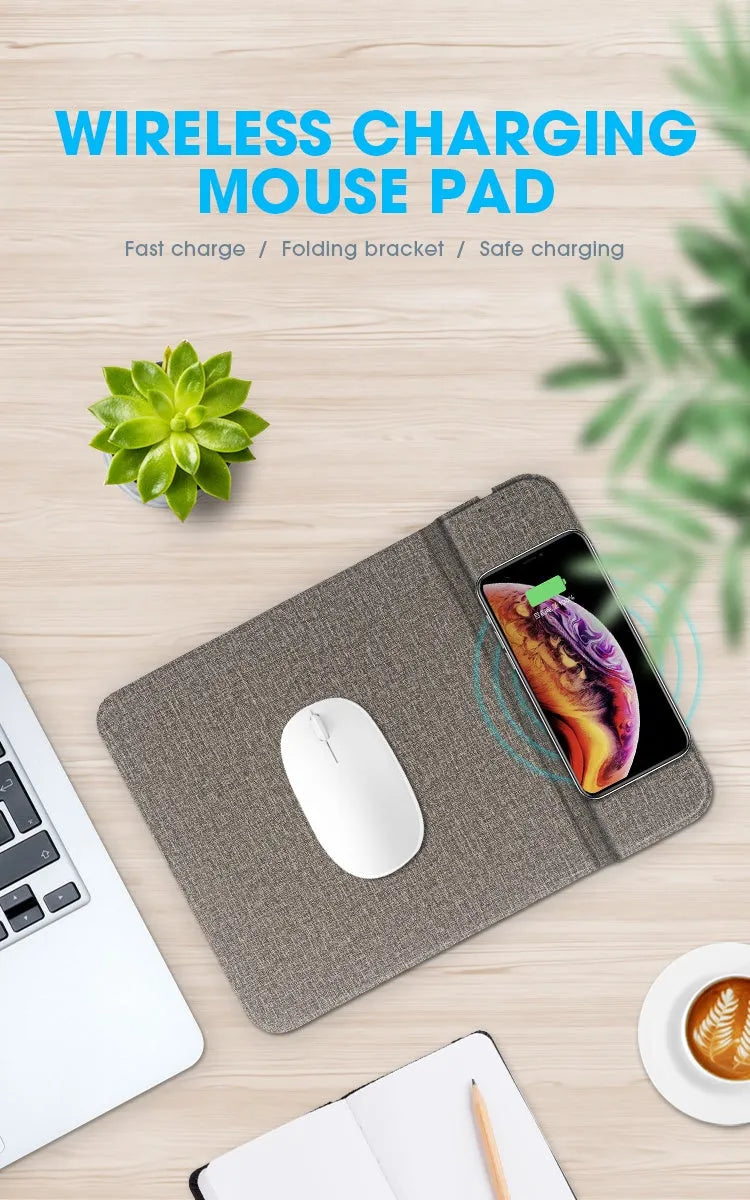 Foldable cloth phone stand open, showing wireless charging of a smartphone at an angle