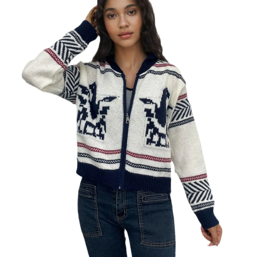 White women's zip cardigan with jacquard wool texture and contrasting lapel