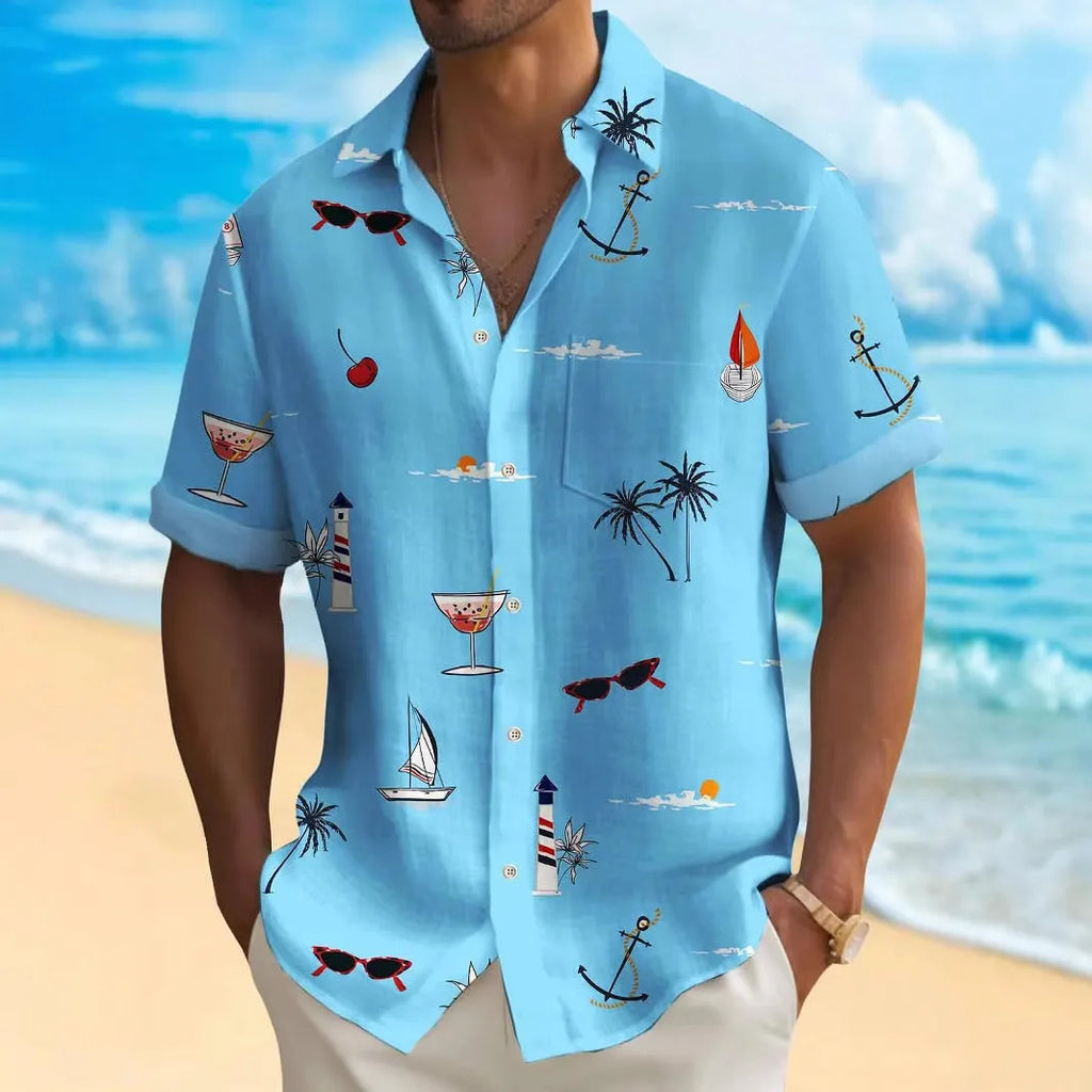 Man wearing a loose-fit digital print Hawaiian shirt with short sleeves, showcasing one of the multi-coloured pattern options.
