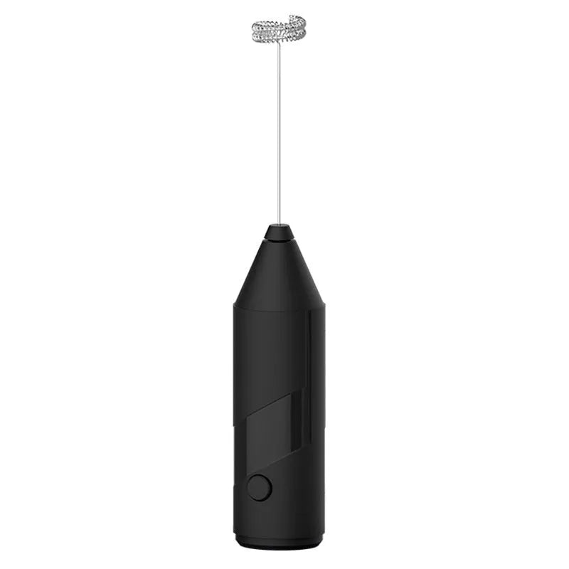 Mini handheld USB rechargeable milk frother in black, white, and khaki colour options