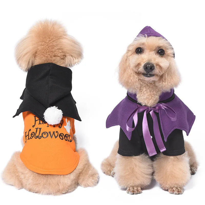Halloween pumpkin two-piece dog costume with hooded sweater and shawl base layer