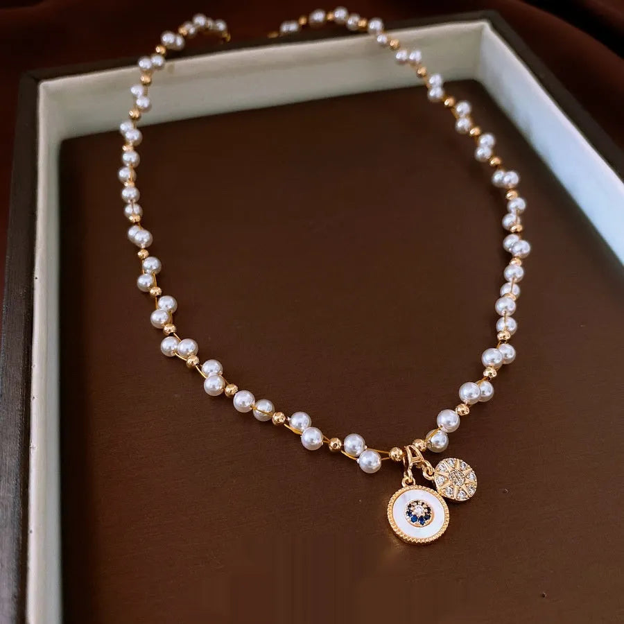 Real gold electroplated zircon pearl round pendant necklace with adjustable 41-50cm clavicle chain