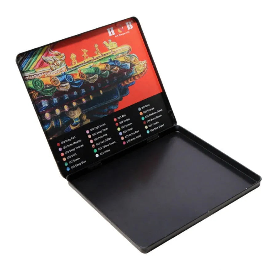 Wooden box open showing 24 water-soluble coloured pencils in various colours.
