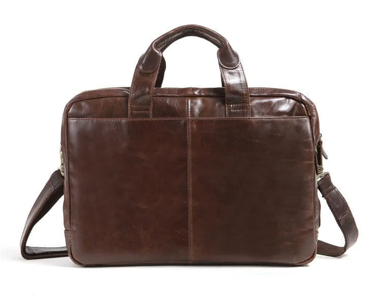 Brown men's business briefcase made from first layer cowhide leather with 18-inch laptop compartment