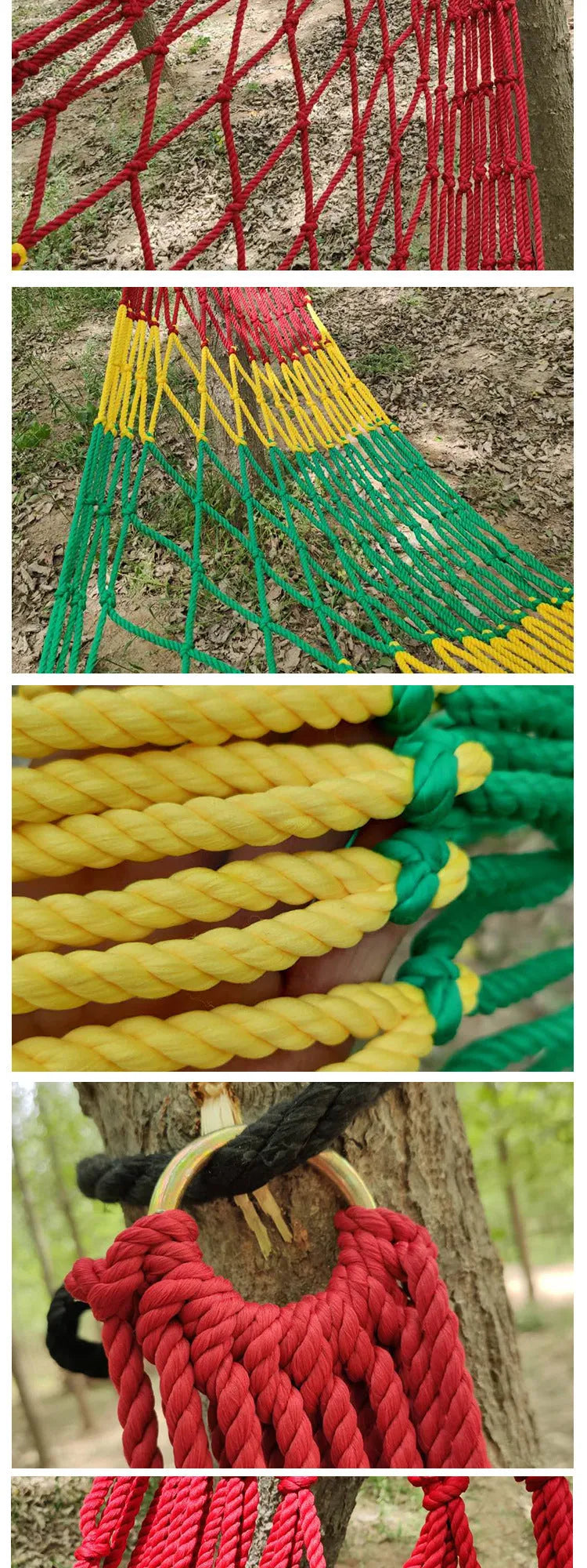 Outdoor nylon rope mesh hammock showing bold weave style, displayed with included tying ropes.