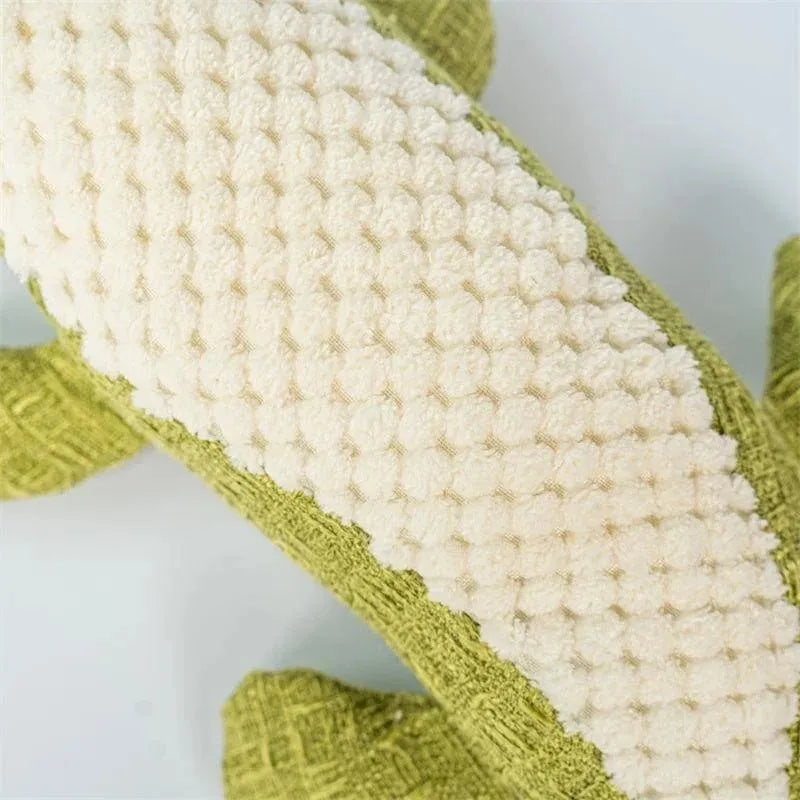 Blue, green and red squeaky plush chew toy for cats and dogs to bite and shake.