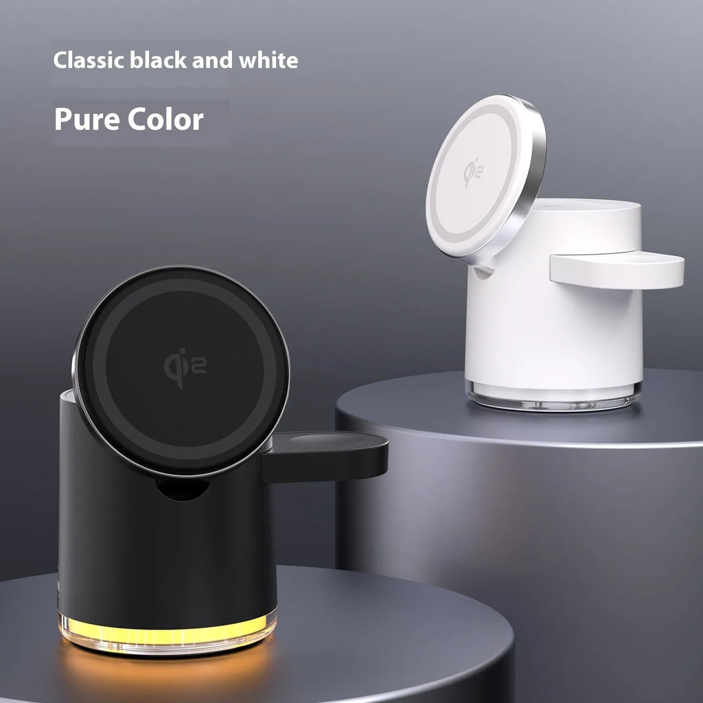 Black C16 three-in-one magnetic wireless folding charger for iPhone, Apple Watch and AirPods on a wooden desk.
