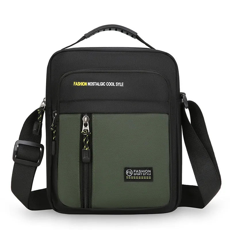 Men's green nylon crossbody messenger bag with casual outdoor styling