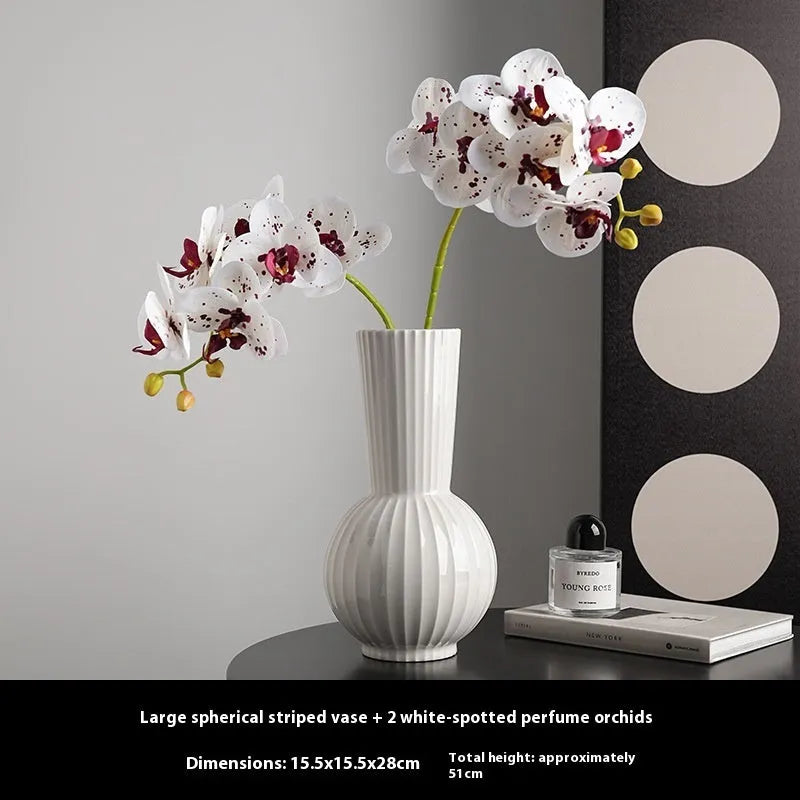 White American striped ceramic ball vase for living room decoration with orchid stem options