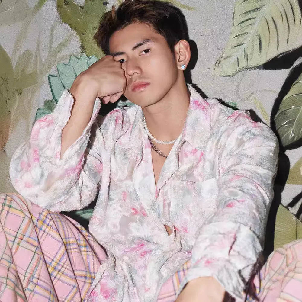 Men's floral long sleeve shirt with embossed pattern in loose fit design
