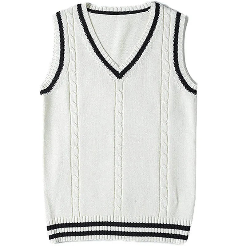 Women's slim fit V-neck waistcoat knitted sweater with striped stitching in acrylic fabric