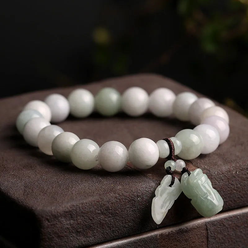 Natural emerald jade bracelet with geometric Maitreya Buddha pendant in adjustable design