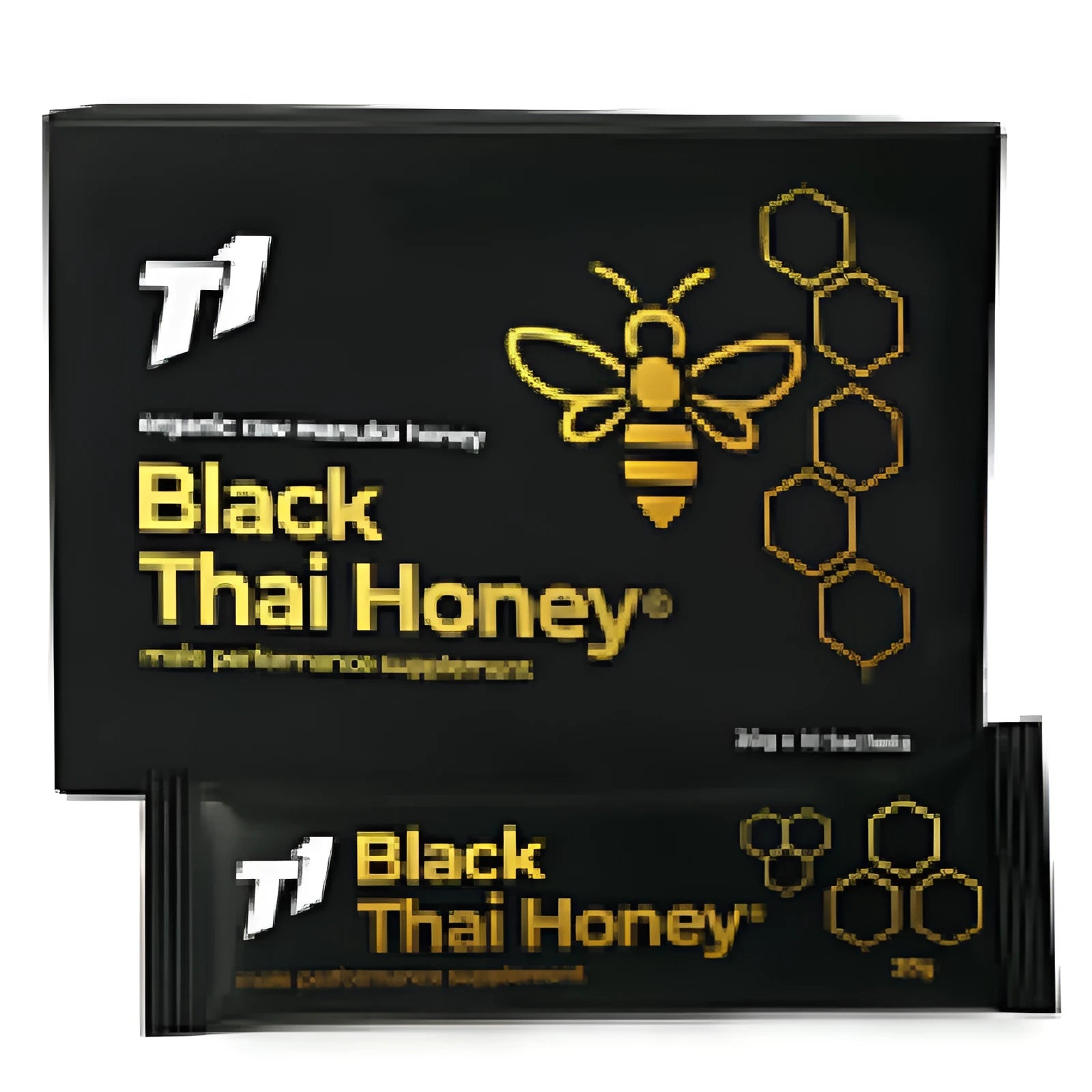 Glass jar of T1 Black Thai Honey showing dark colour with 1000g label