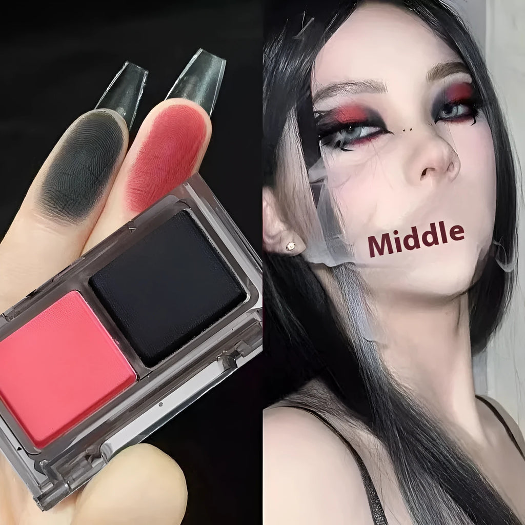 Cool two-tone eyeshadow palette open showing pink and black matte and shimmer shades for punk makeup.