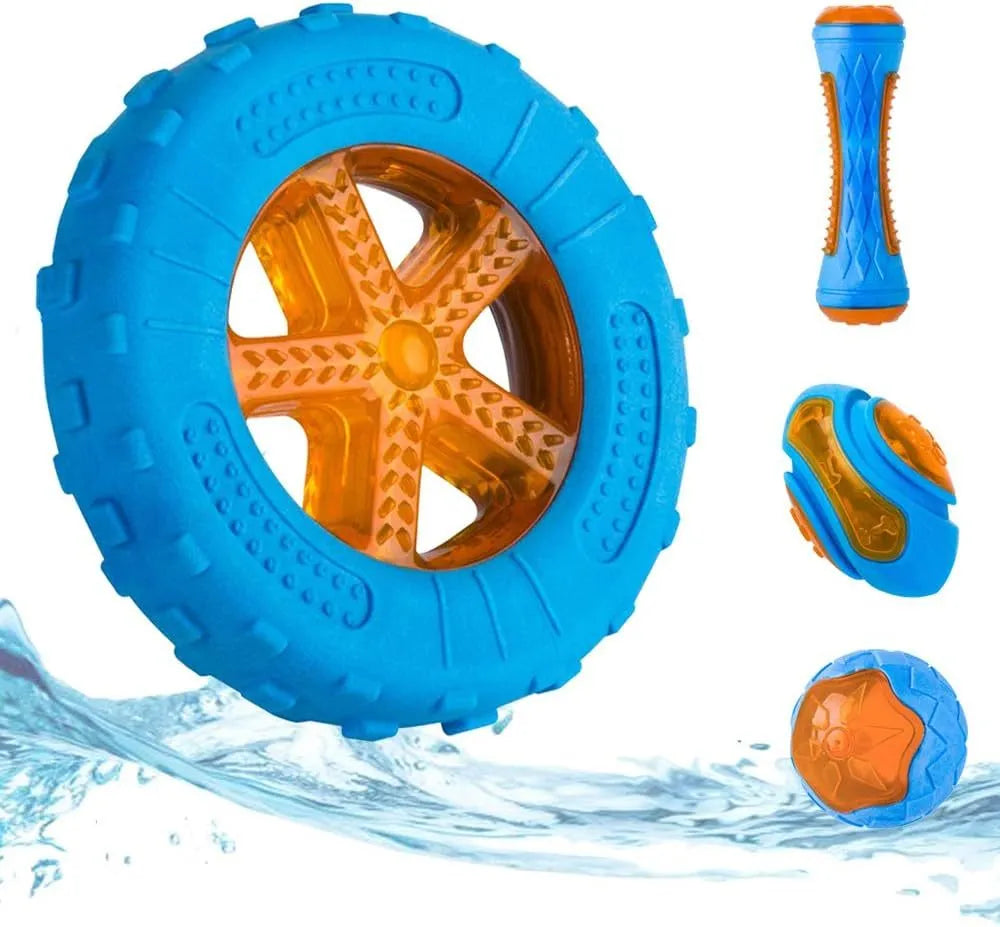 Set of three dog toys: a red ball, a blue barbell, and an orange tyre, floating in water.
