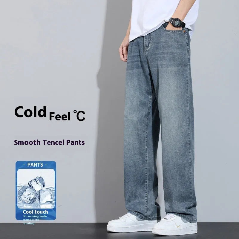 Straight-leg trousers in thin ice silk denim with wide-leg casual styling and zip fly